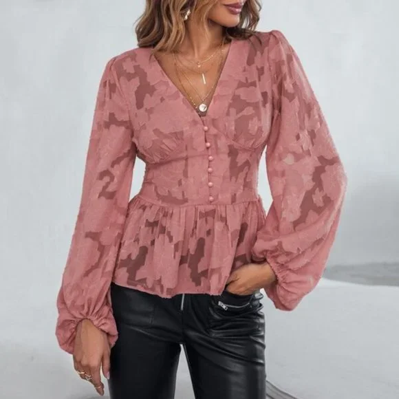 Pink Bishop Sleeve Peplum Blouse - Picture 7 of 8